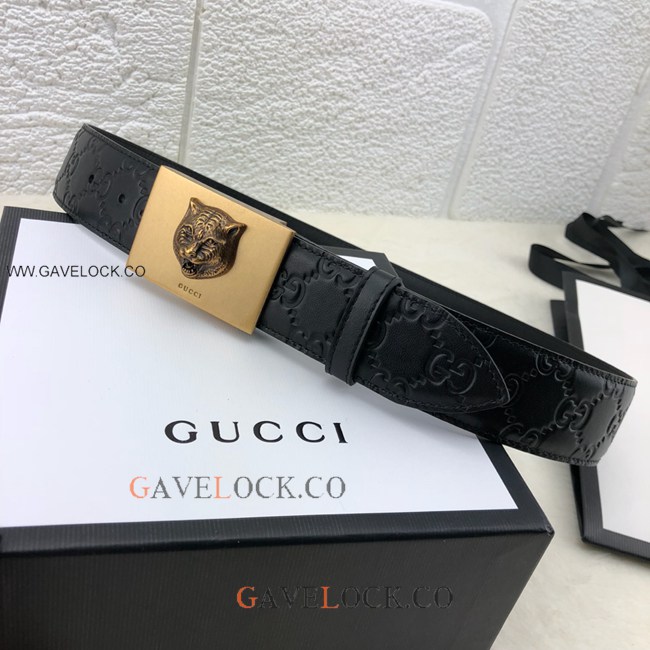 Gucci Monogram Leather Belt Brass Square Tiger Decor Buckle